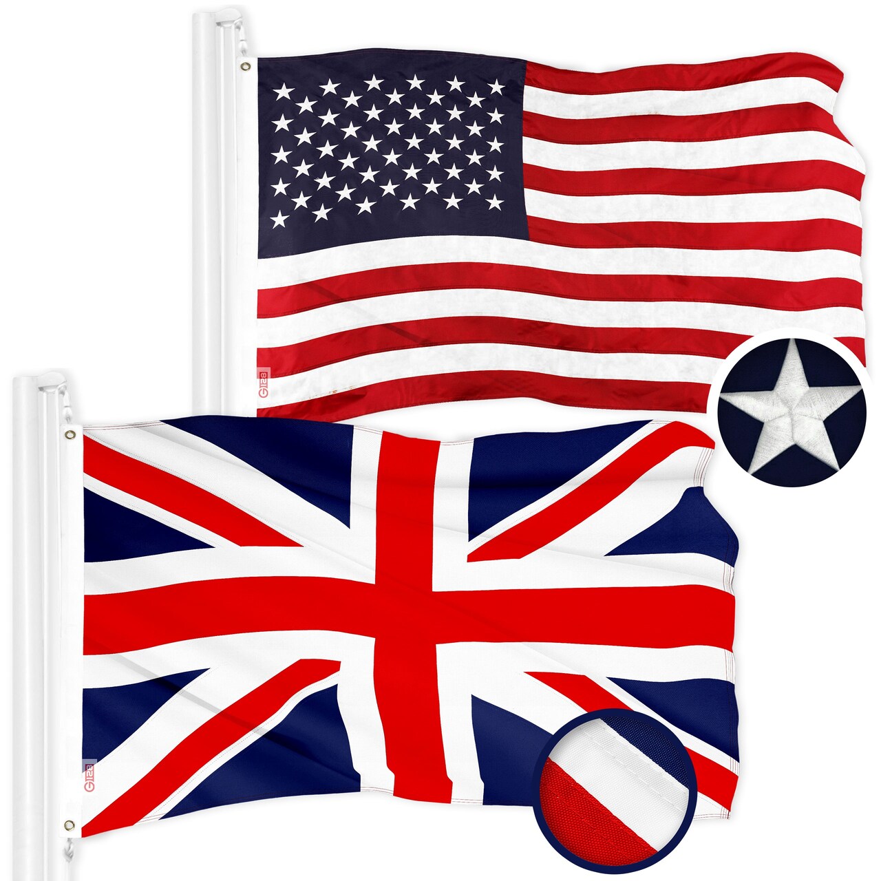 G128 Combo Pack: American USA Flag 3x5 Ft & United Kingdom UK Flag 3x5 Ft | Both ToughWeave Series Embroidered Polyester, Brass Grommets